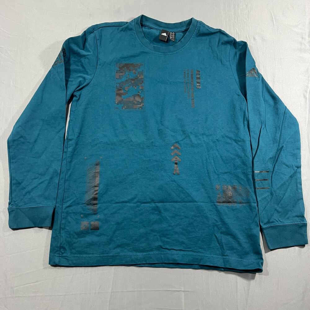 Adidas Graphic Long Sleeve Shirt Mens Medium Teal Blue Logo Print Athletic